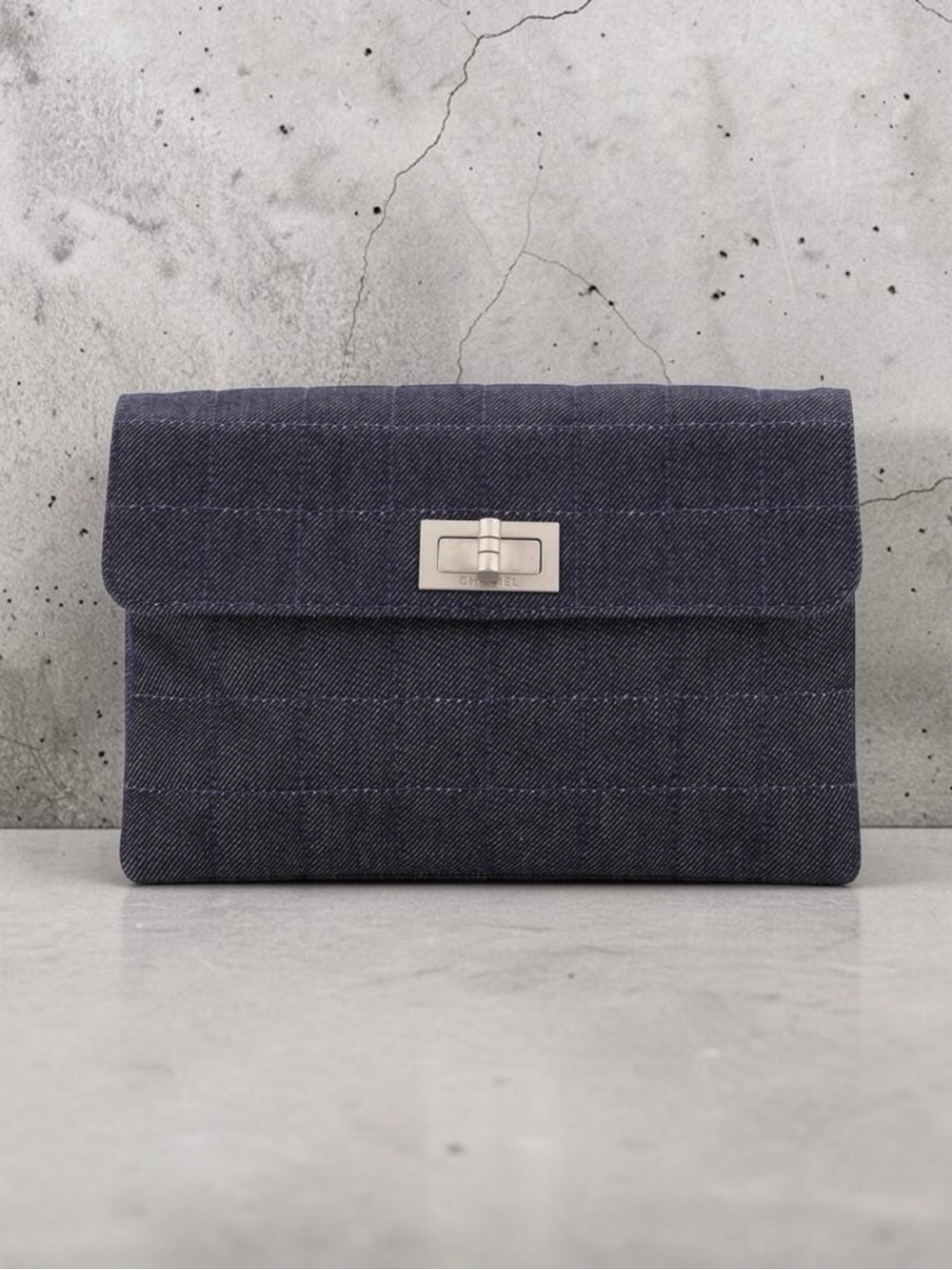 CHANEL Mademoiselle Denim Quilted Clutch Bag Navy Silver Turnlock Auth